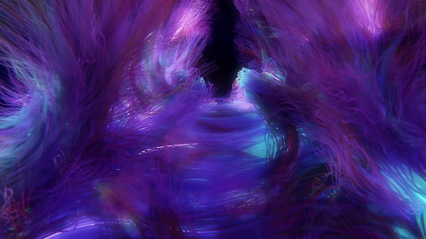 Bright colored lights flows through filaments in fur against a dark background