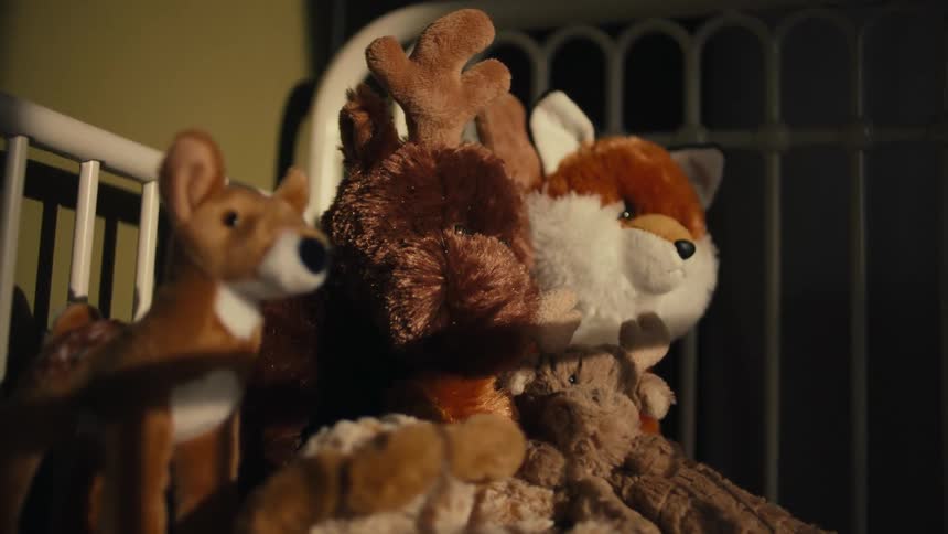 A collection of stuffed animals arranged inside a babys crib