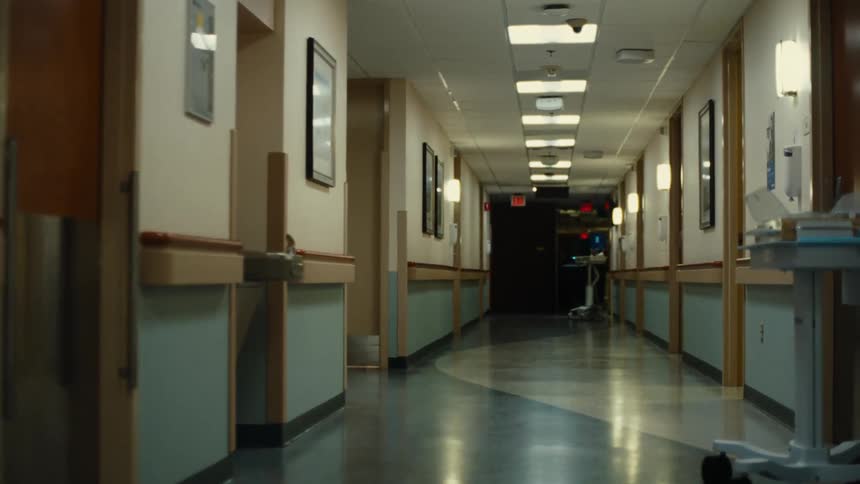 Hospital corridor lit up at night