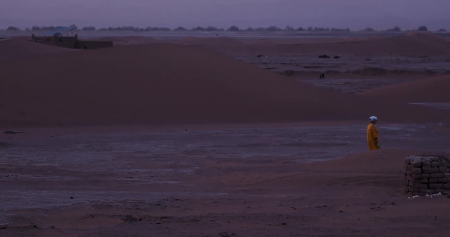 A person in orange clothes walking in a desert