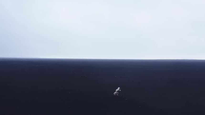 A person walks across the land