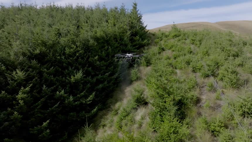 Agricultural drone spraying trees over a forest
