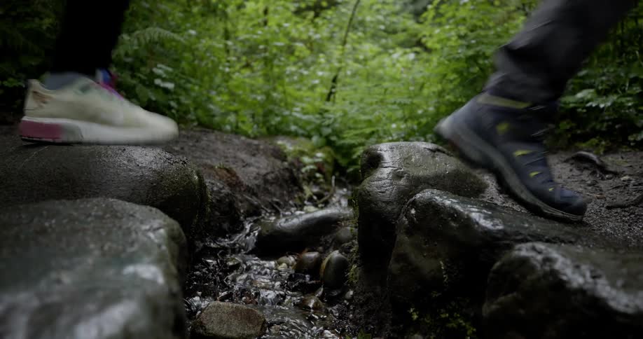 A persons feet in sneakers step on wet stones in a shallow stream within a forested area