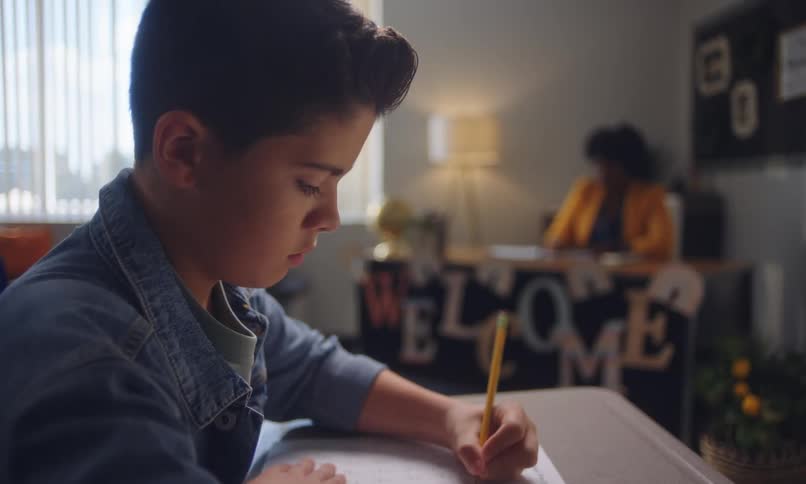 Student works on a test in the classroom as his teacher sits in the corner