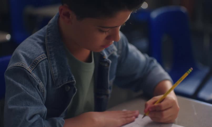 Boy with happy facial expression sitting at a desk in the classroom writing