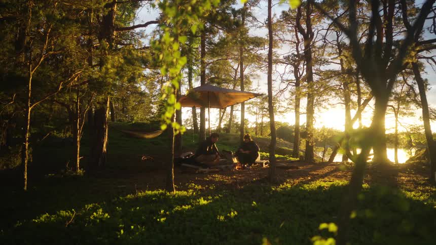 People sitting under a parasol in the forest camping early in the morning