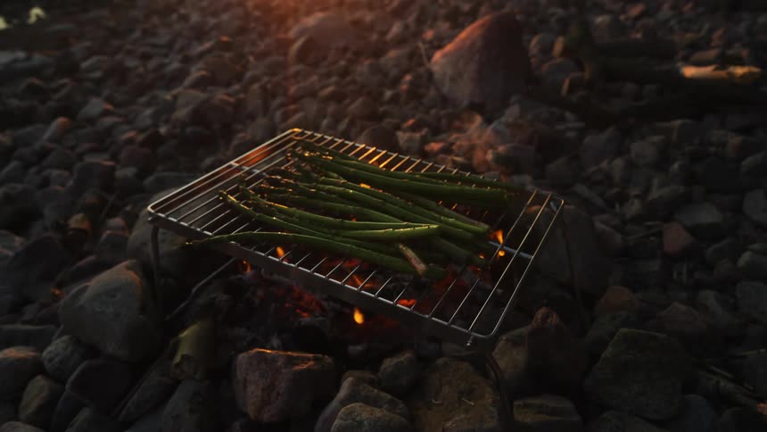 A portable grill sits atop a small campfire cooking asparagus surrounded by rocks and the warm lighting suggests either sunset or sunrise