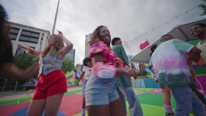 A colorful outdoor skating rink with people on roller skates a whimsical atmosphere of fun and carefree lifestyle