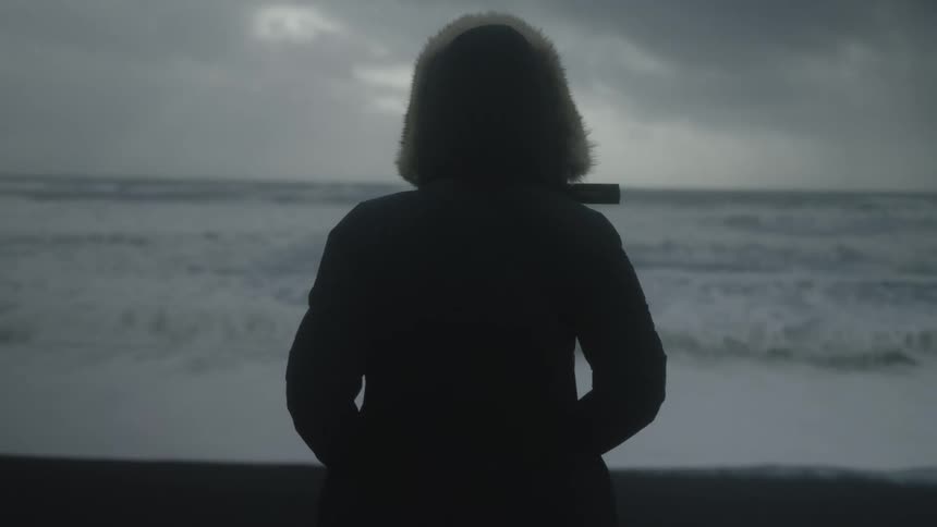 Back view of a person wearing a jacket looking at a beach with waves on a cloudy winter day