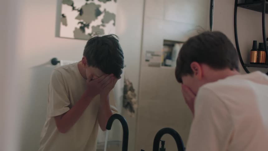 A boy washes his face in the sink