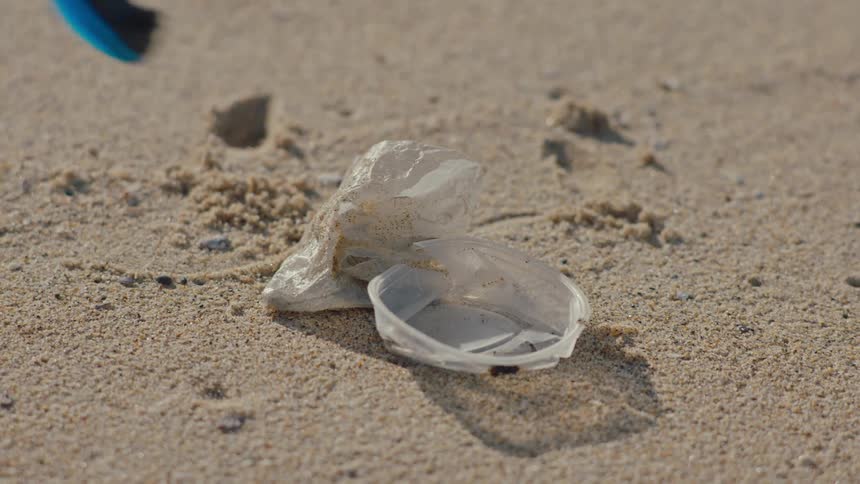 Litter is being picked up from the sand