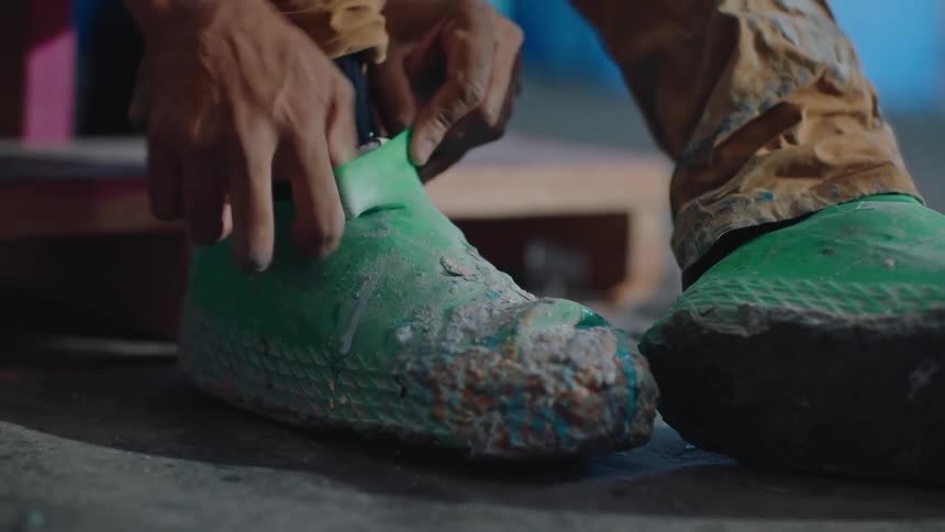 A close up of a person covering his shoes with a silicon shoe cover