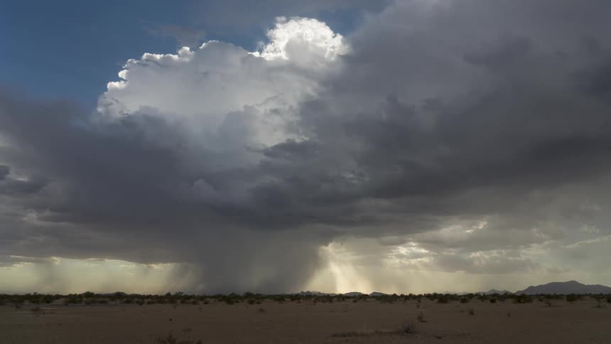 A dramatic sky filled with dark clouds and a rain shaft over a open desert landscape