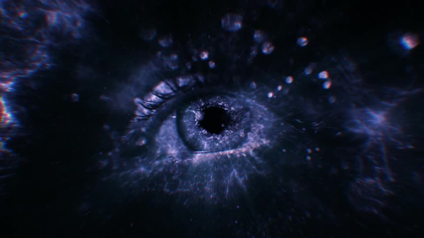 Abstract eye emerging from purple energy rays on a black background