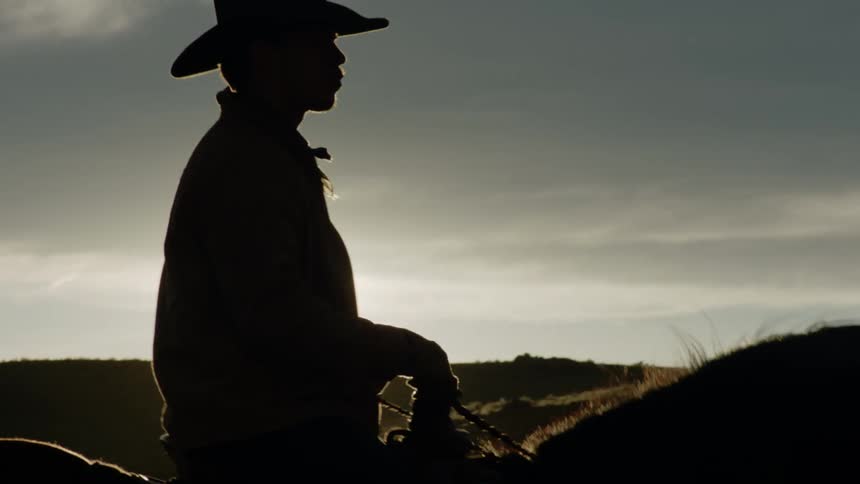 Sun shines from near the horizon on an overcast day casting a cowboy on a horse into silhouette