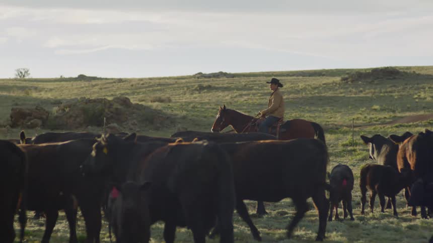 Man riding a horse and guiding cattle through a field
