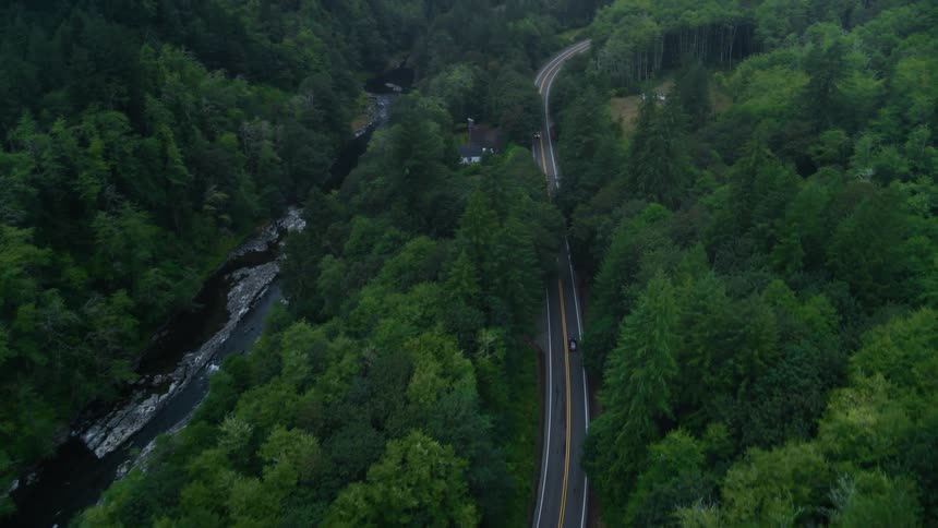 Aerial panorama and a highway winding through a forest along a river