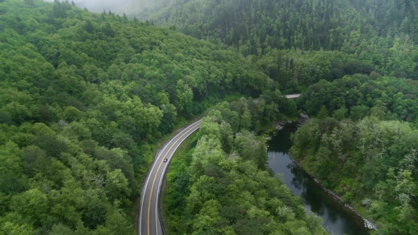 An aerial view of a car driving along a road through a dense forest in the mountains near a river