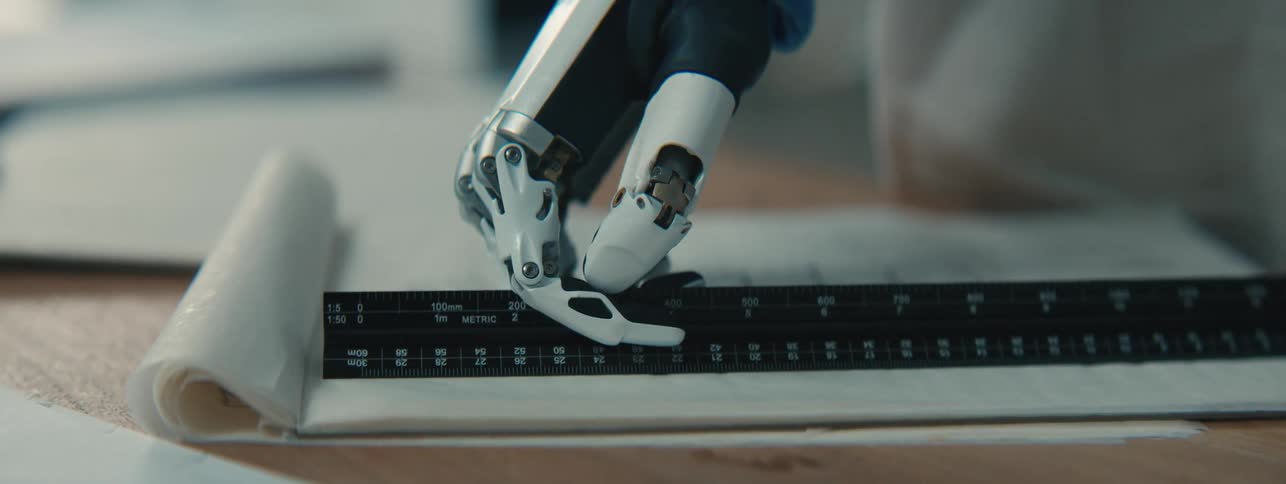 Hand holding a pen that is scribbled on a white sheet next to a robotic hand and on top of a black ruler