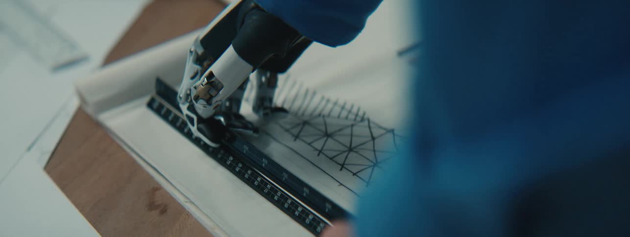 Pair of hands one robotic supported by a ruler and the other hand with a pen making a line