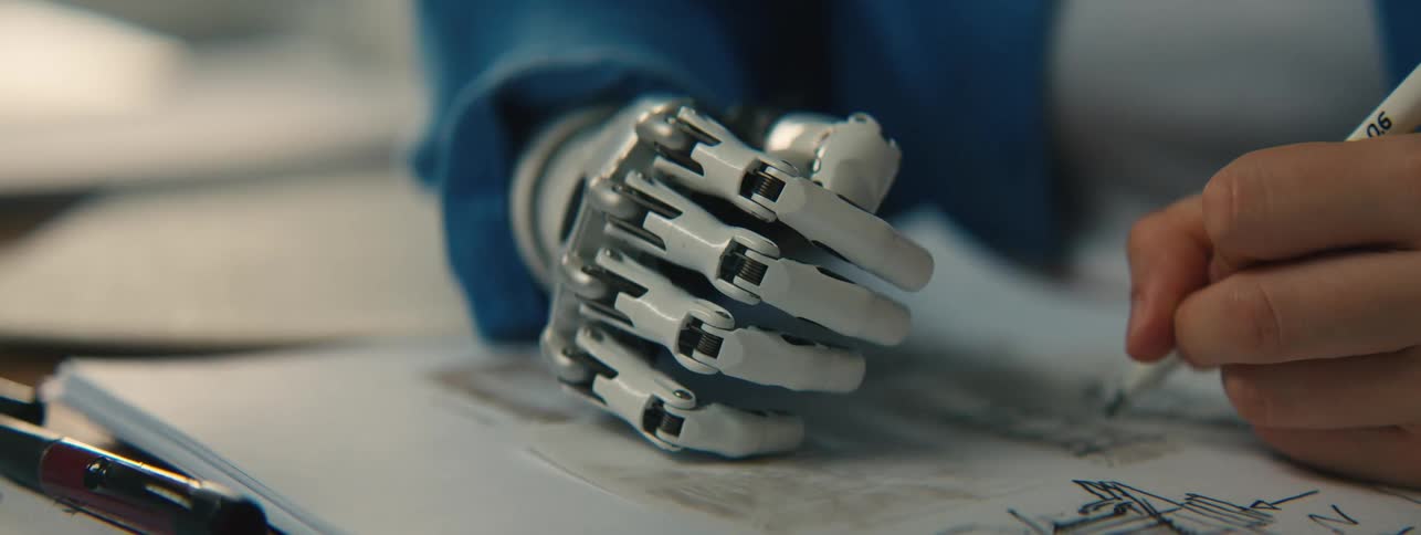 Woman with a prosthetic limb works on a diagram