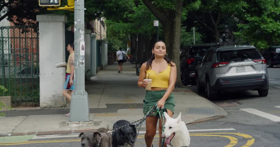 Dog walker smiles while walking across the street at an intersection with multiple leashed dogs