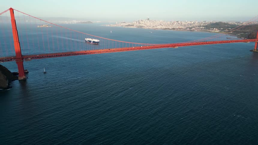 Iconic golden gate bridge stretches across the water with the city in the background