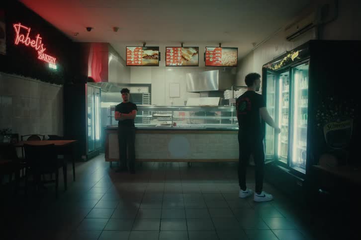 Young people stand around a dimly lit fastfood restaurant with neon signs and large refrigerated beverage coolers
