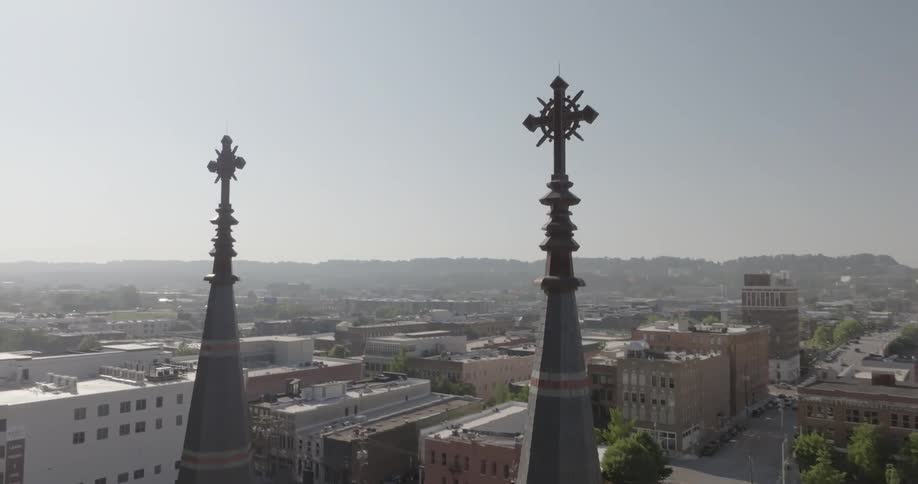 Aerial view of the spires atop a cathedral in the city