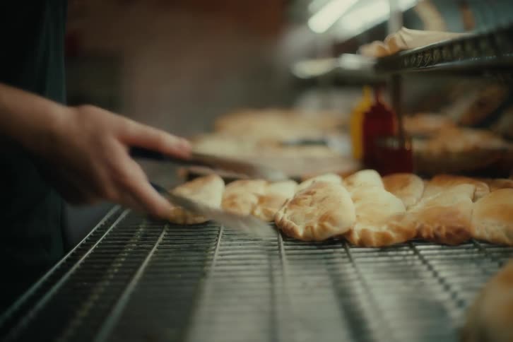 Hand with a spatula picking up baked snacks