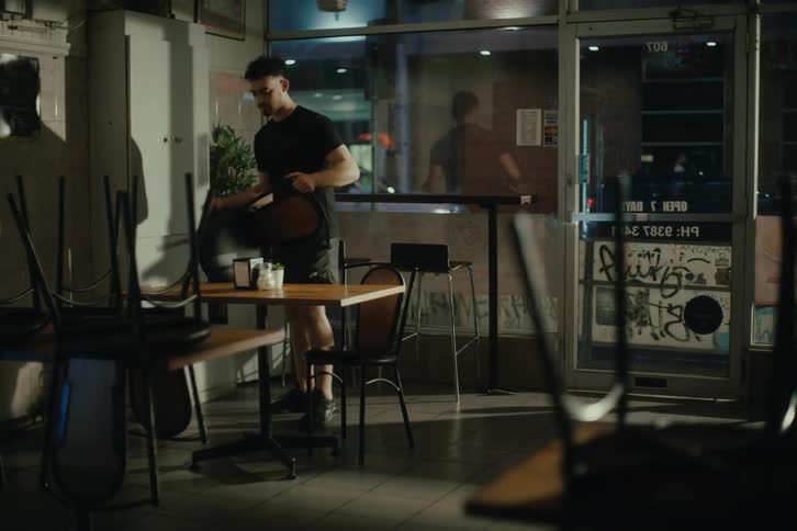 Man moves chairs from on top of the tables onto the floor