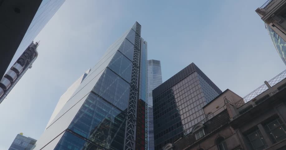 Low angle panoramic view of canary wharf buildings in london