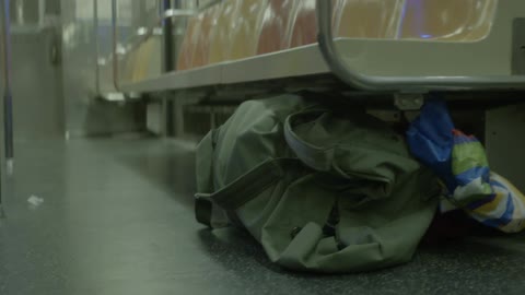 A camping bag under a train seating bench