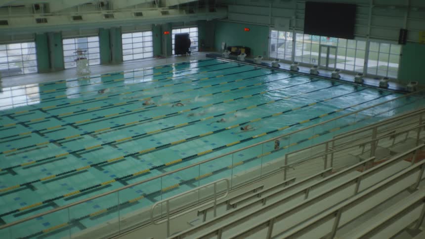 Several people crouched on the edge of a large pool prepare to jump into the water and start swimming