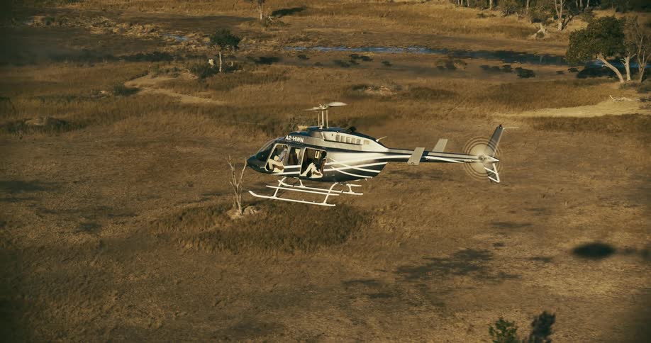 A helicopter flies over a herd of animals running on a path near a river
