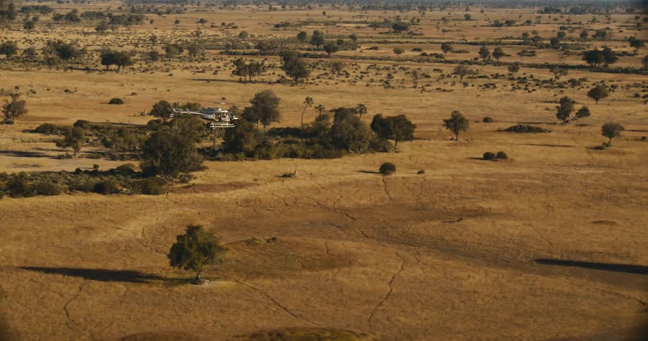 A helicopter flying over a savanna