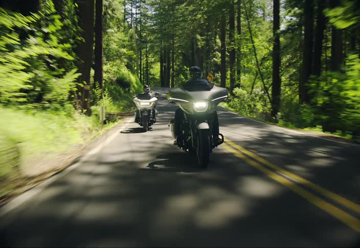 Two bikers traveling along a paved road surrounded by vegetation