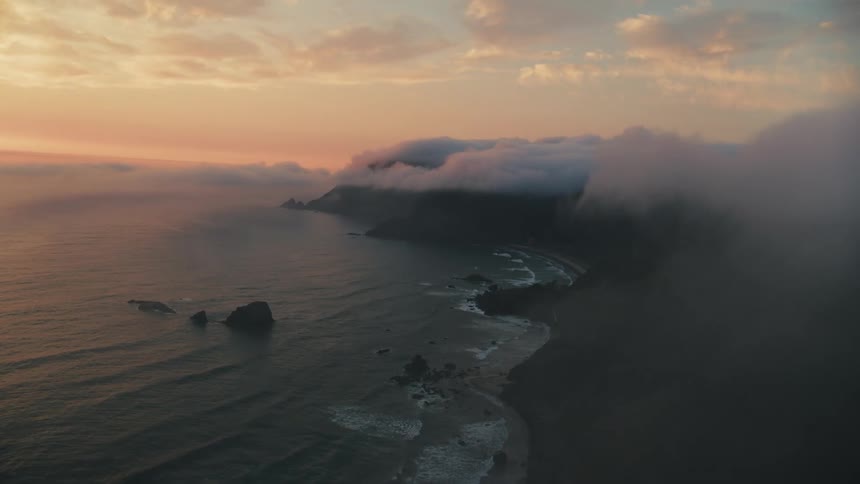 A cape beach covered in fog