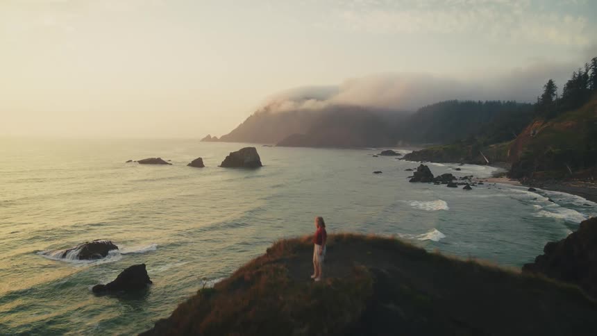 Person on a cliff at the edge of a beach at dawn