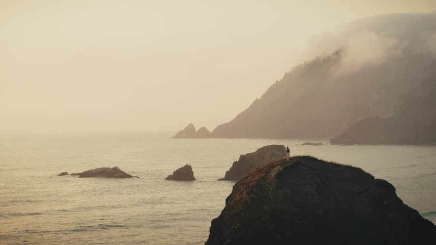 A person is standing on the large rock on the shore