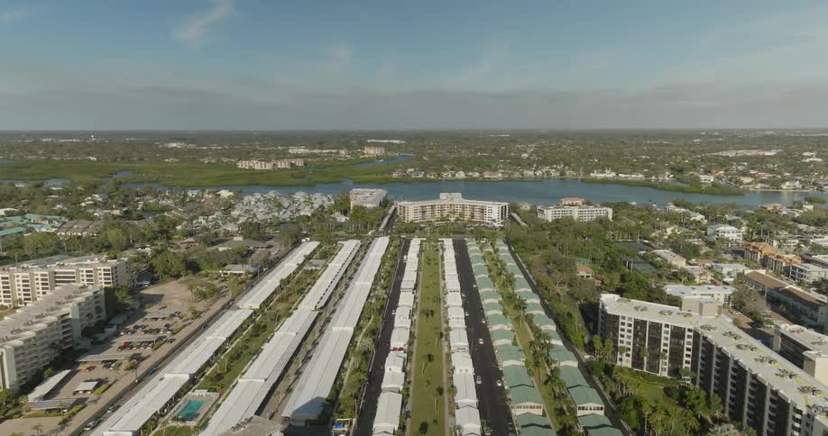 Aerial panorama of a metropolis on the banks of a river