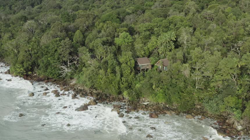 Waves crash on the coast of the island full of trees