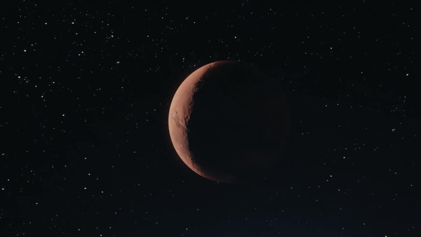 Panorama of a reddish planet in space on a starry background