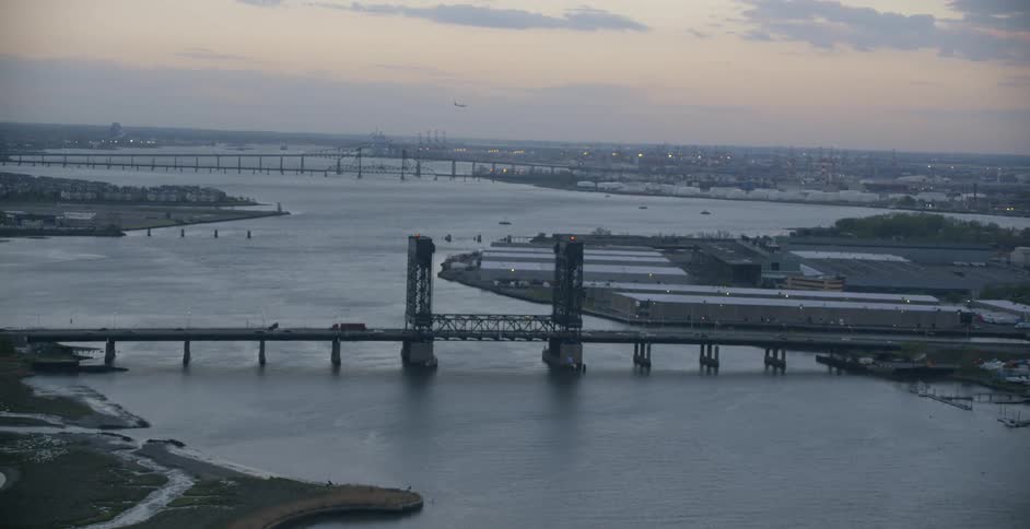 A shot of a bridge filmed from the air
