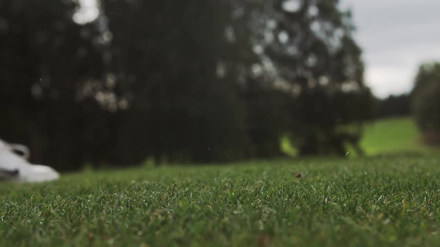 White golf ball being thrown onto a field and grass flying around