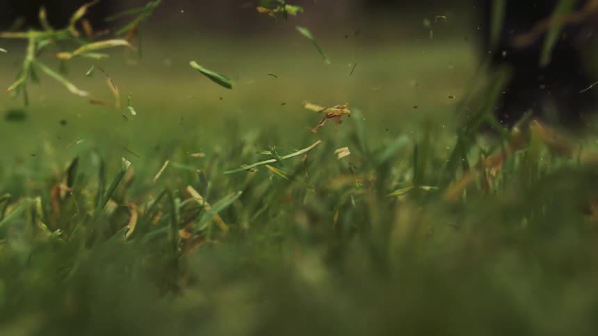 Golf club hitting a white ball on the grass