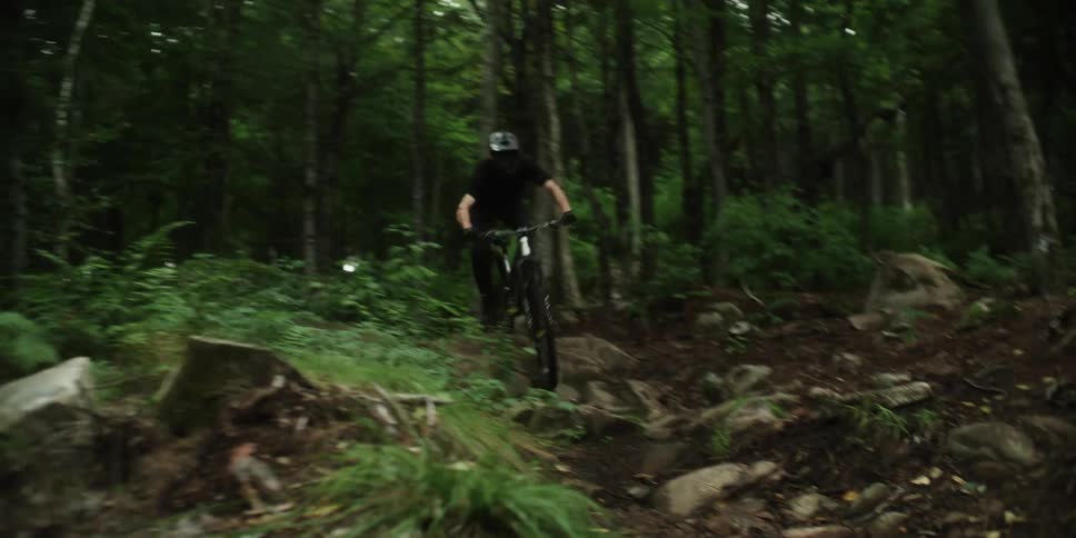 Person riding a mountain bike on a rocky forest trail surrounded by dense vegetation and trees