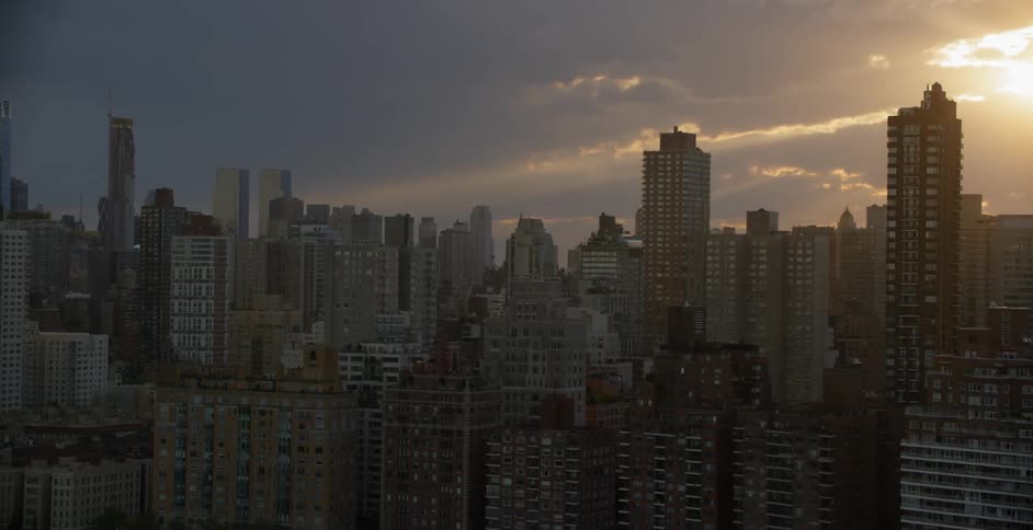 A city skyline at sunset