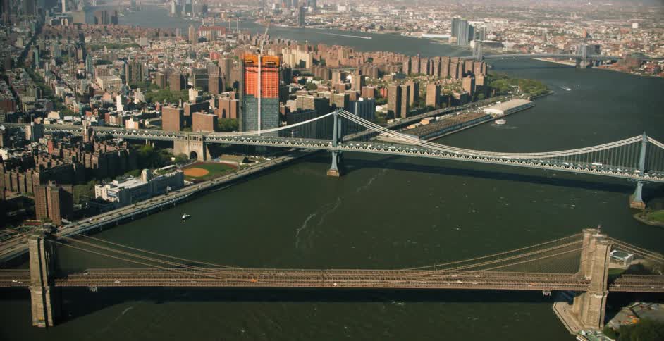 Aerial view of bridges spanning a large river between two large cities