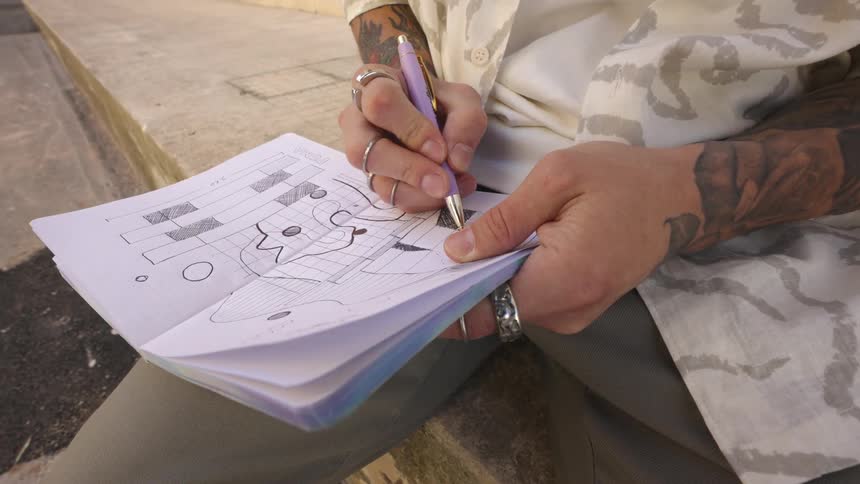 A man sits and draws in a notebook